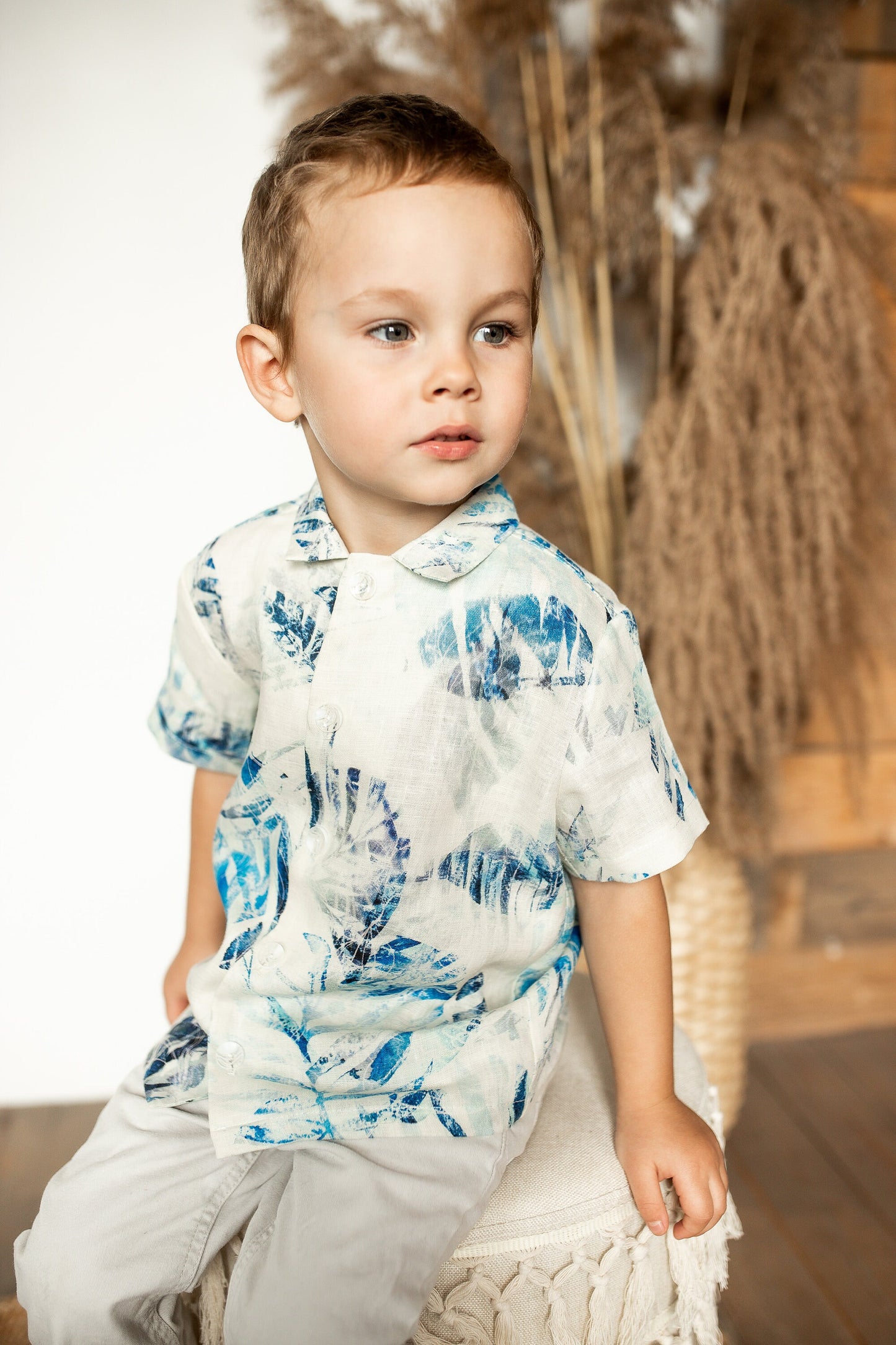 Boys Linen Shirt: Blue Leaf Print, Natural Kids Clothing