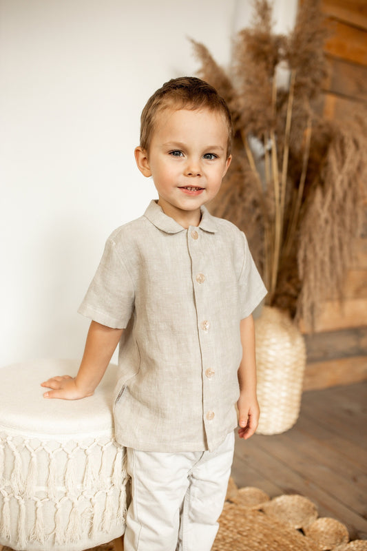 White Linen Boy Shirt: Short Sleeve Natural Kids Clothing