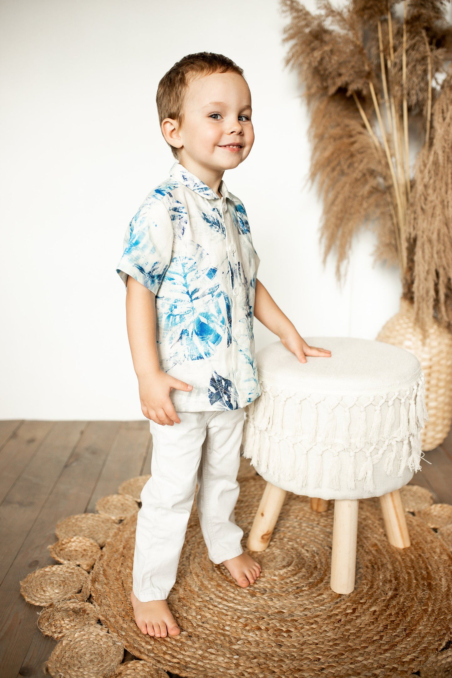 Boys Linen Shirt: Blue Leaf Print, Natural Kids Clothing