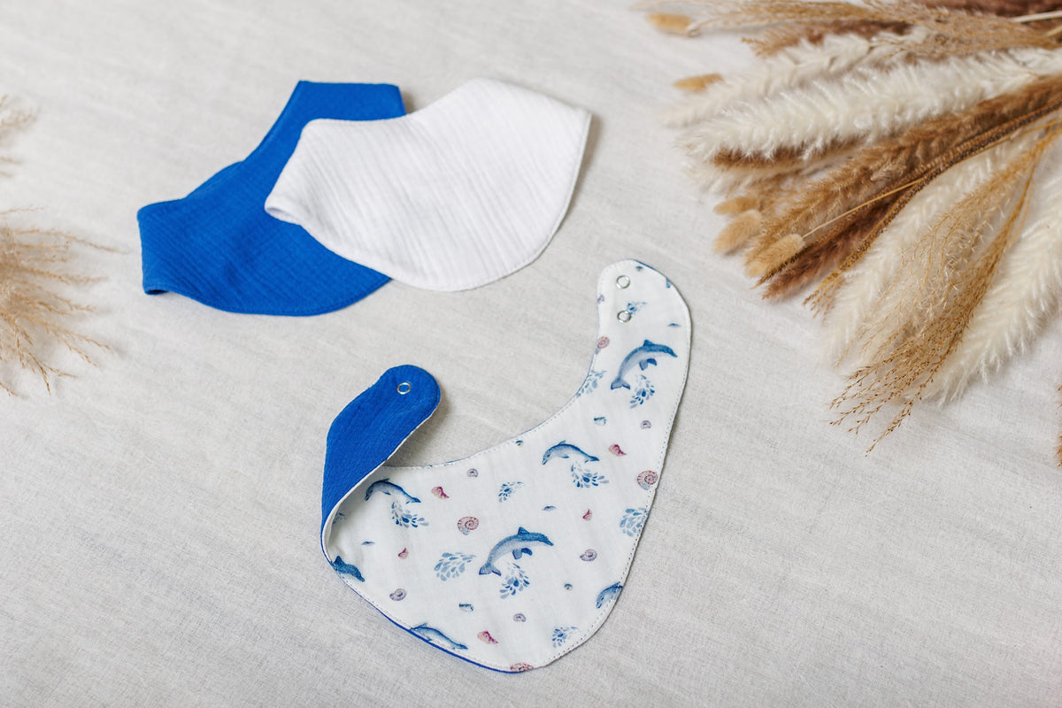 Muslin Baby Bibs "Ocean Dolphins" – 1 pc or 3-Pack