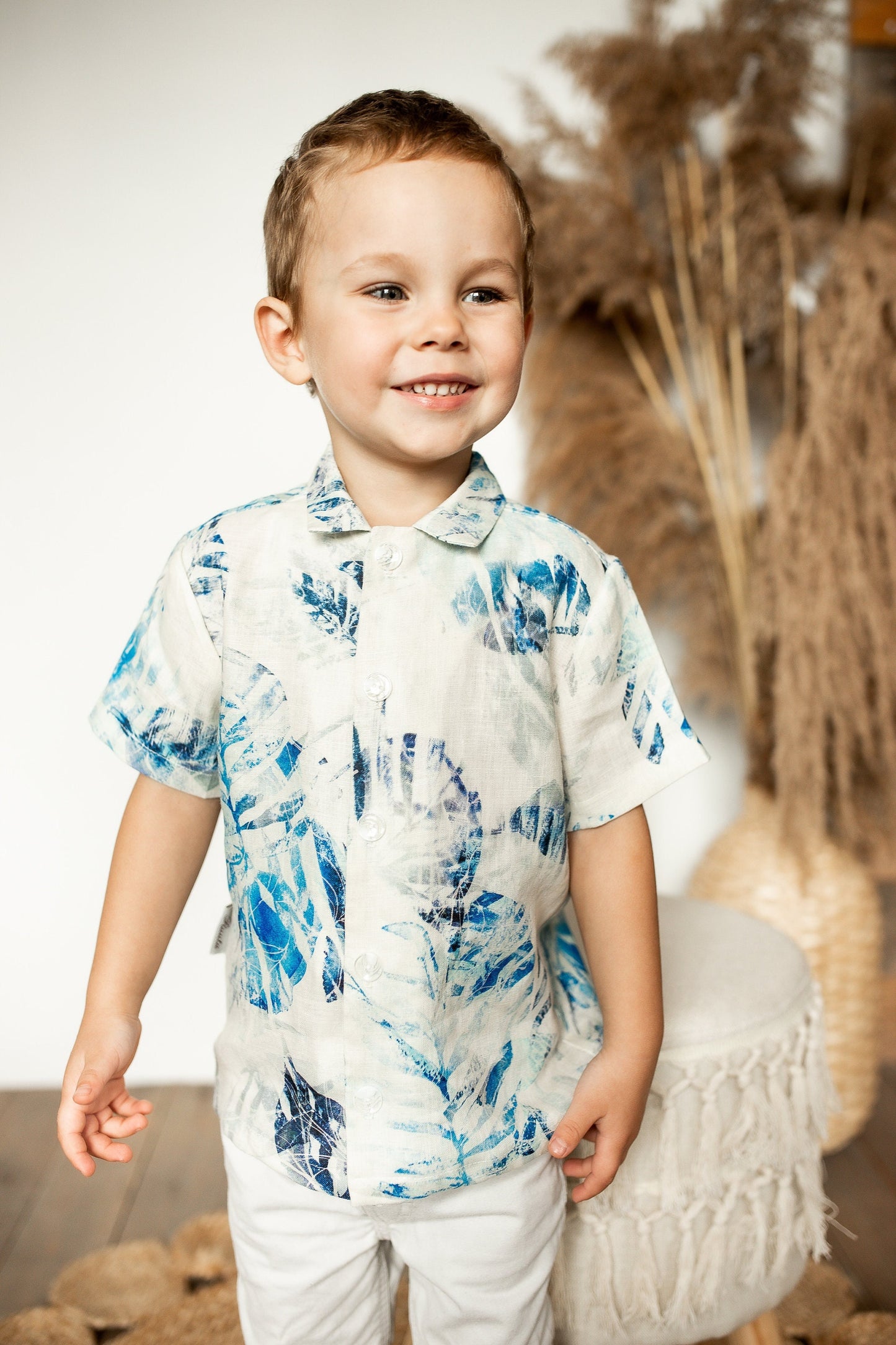 Boys Linen Shirt: Blue Leaf Print, Natural Kids Clothing