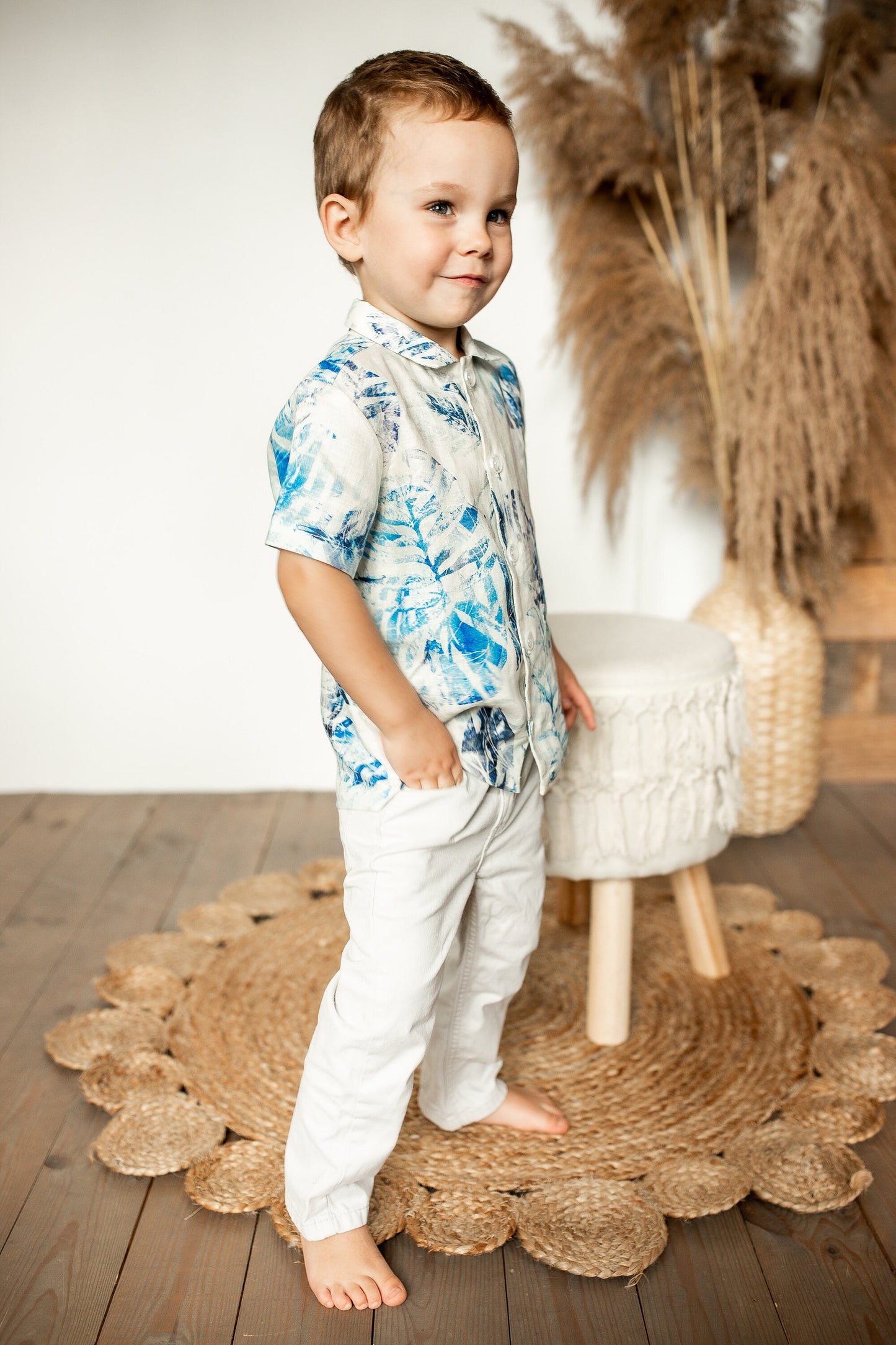 Boys Linen Shirt: Blue Leaf Print, Natural Kids Clothing