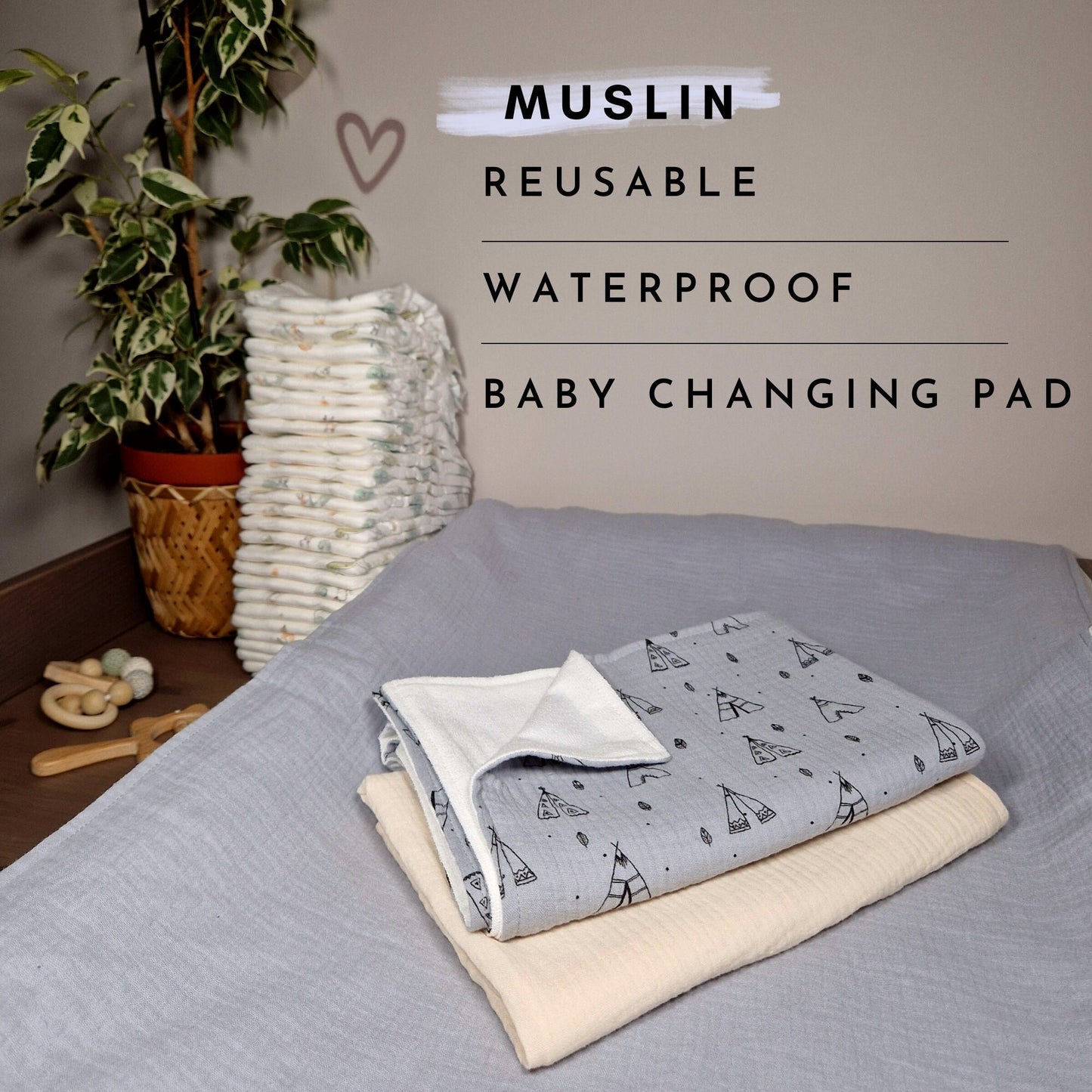 Set of 3 Waterproof change pad Double Gauze Muslin  travel changing mat, Diaper changing mat, portable changing mat