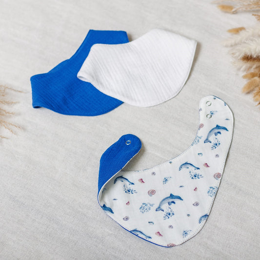 Muslin Baby Bibs "Ocean Dolphins" – 1 pc or 3-Pack