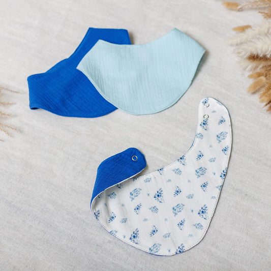 Muslin Baby Bibs "Blue Meadow" – 1 pc or 3-Pack