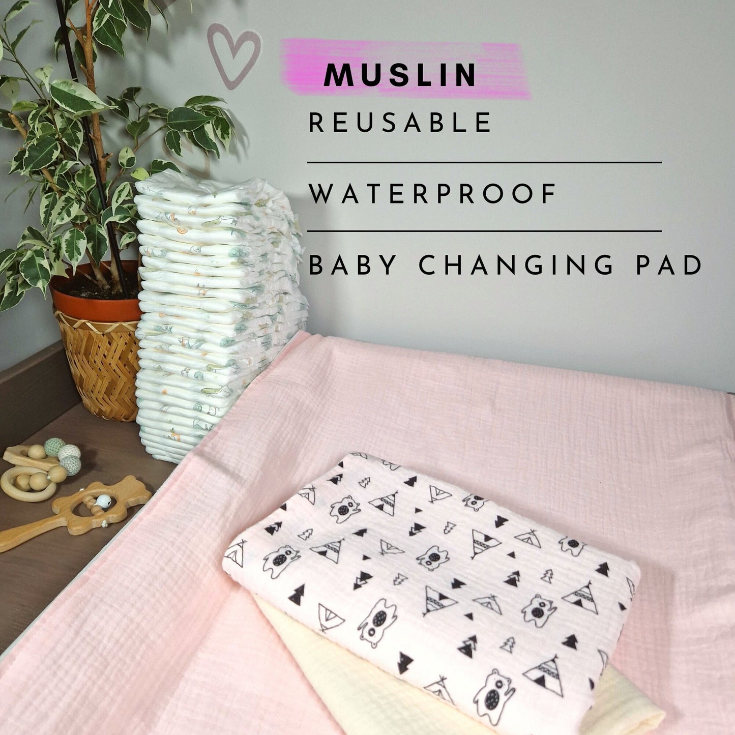 Diaper Changing Pad, Set of 3, Waterproof Change Mat Cover, Travel Changing Mat, Wickelauflage, Muslin Bedding