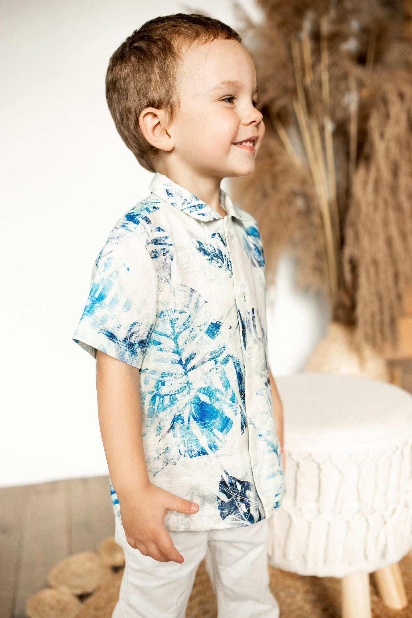 Boys Linen Shirt: Blue Leaf Print, Natural Kids Clothing