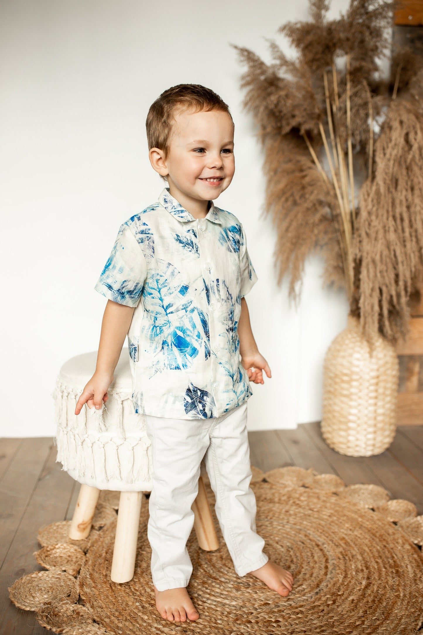 Boys Linen Shirt: Blue Leaf Print, Natural Kids Clothing