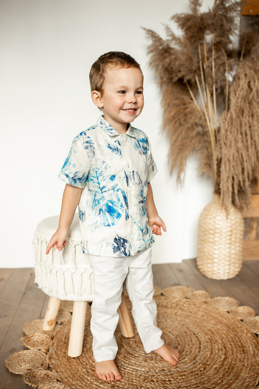 Boys Linen Shirt: Blue Leaf Print, Natural Kids Clothing